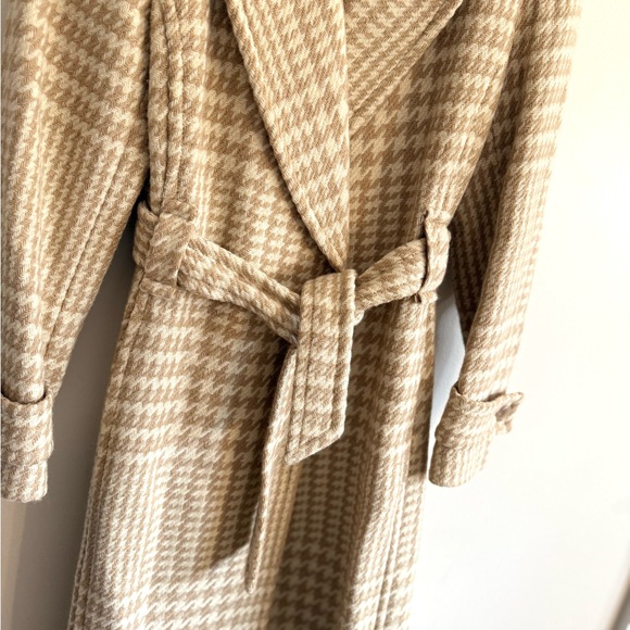 Vintage J. Crew Houndstooth long Wool Coat Tan Cream Size 4 P Checkered belted - Picture 7 of 16